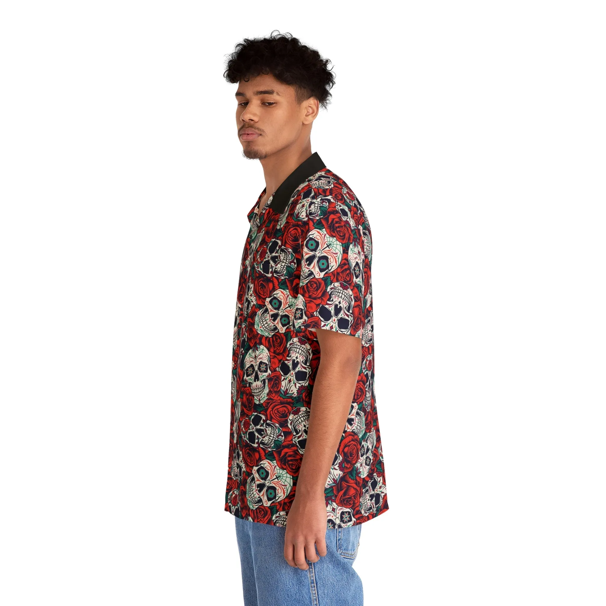"Dia De Muertos in Roses" Cotton Button-Up Shirt