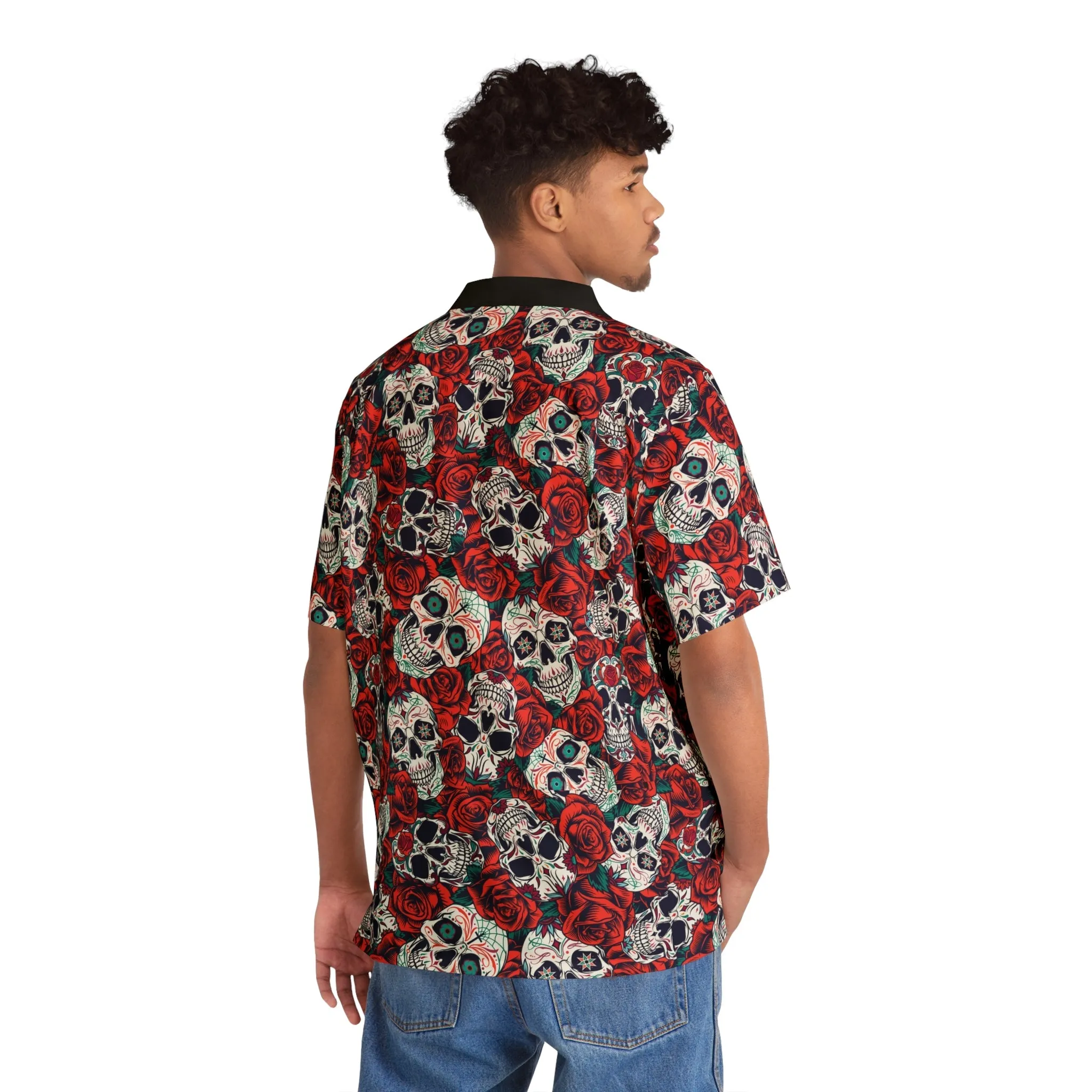 "Dia De Muertos in Roses" Cotton Button-Up Shirt