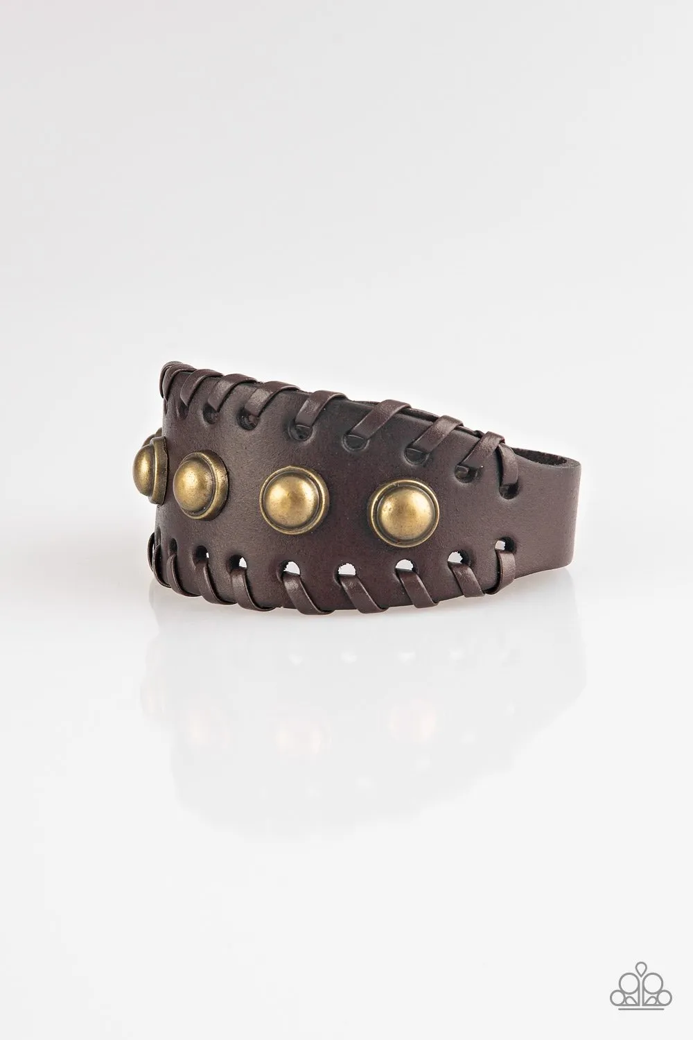 "Urban Cowboy" Men's Brown Laced LEATHER & Brass Stud Snap Bracelet