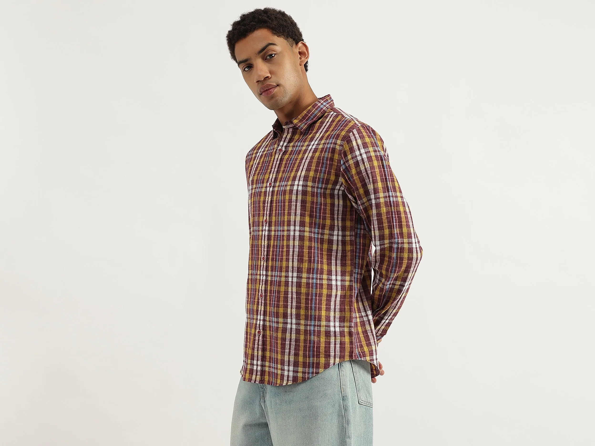 Regular Fit Spread Collar Plaid Checkered Shirt