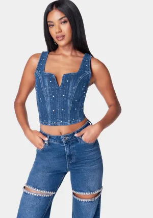 Rhinestone Detail Denim Bustier