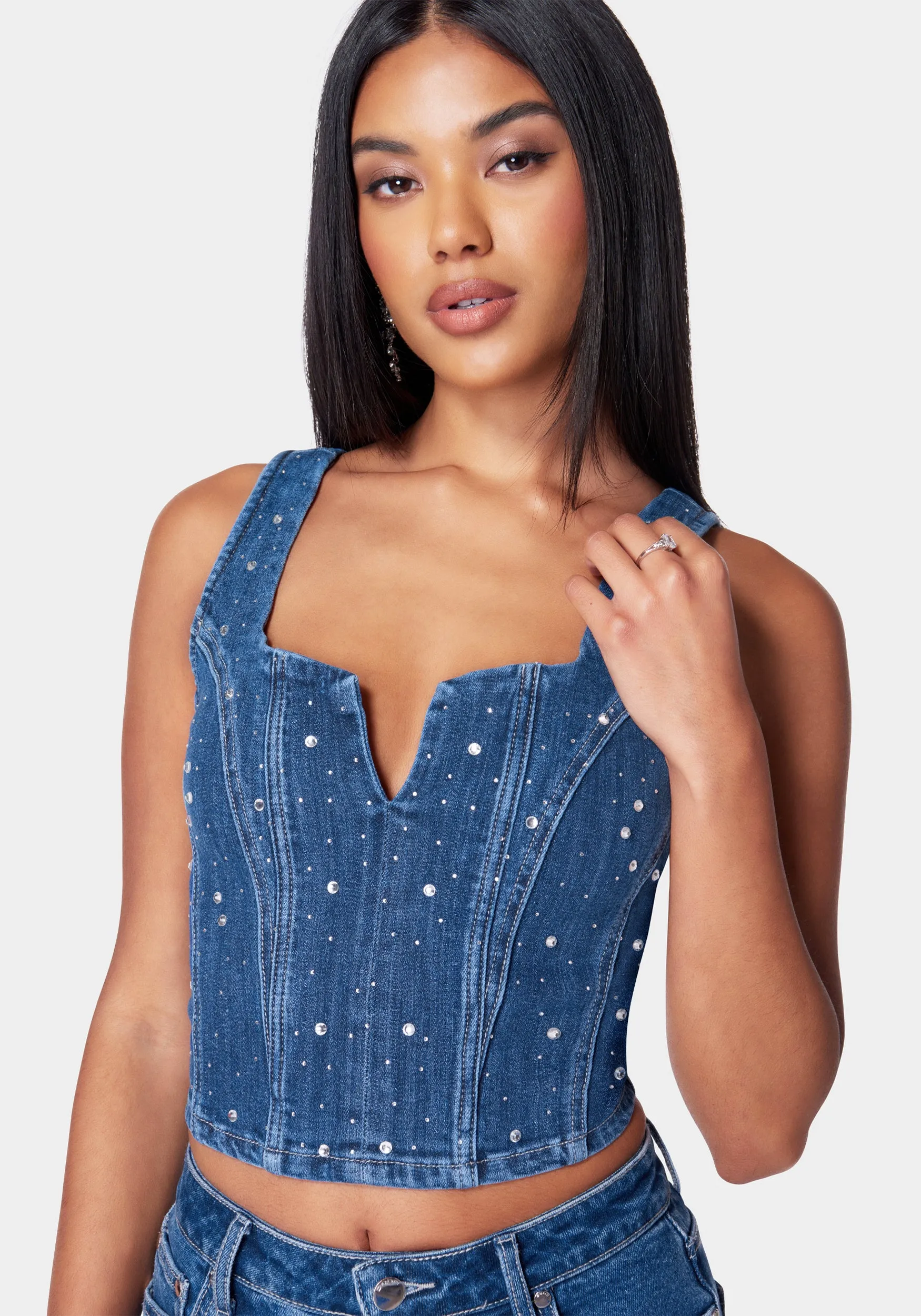 Rhinestone Detail Denim Bustier
