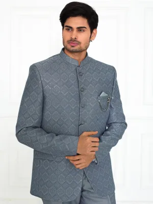 Rustic Blue Sequined Silk Bandhgala Set