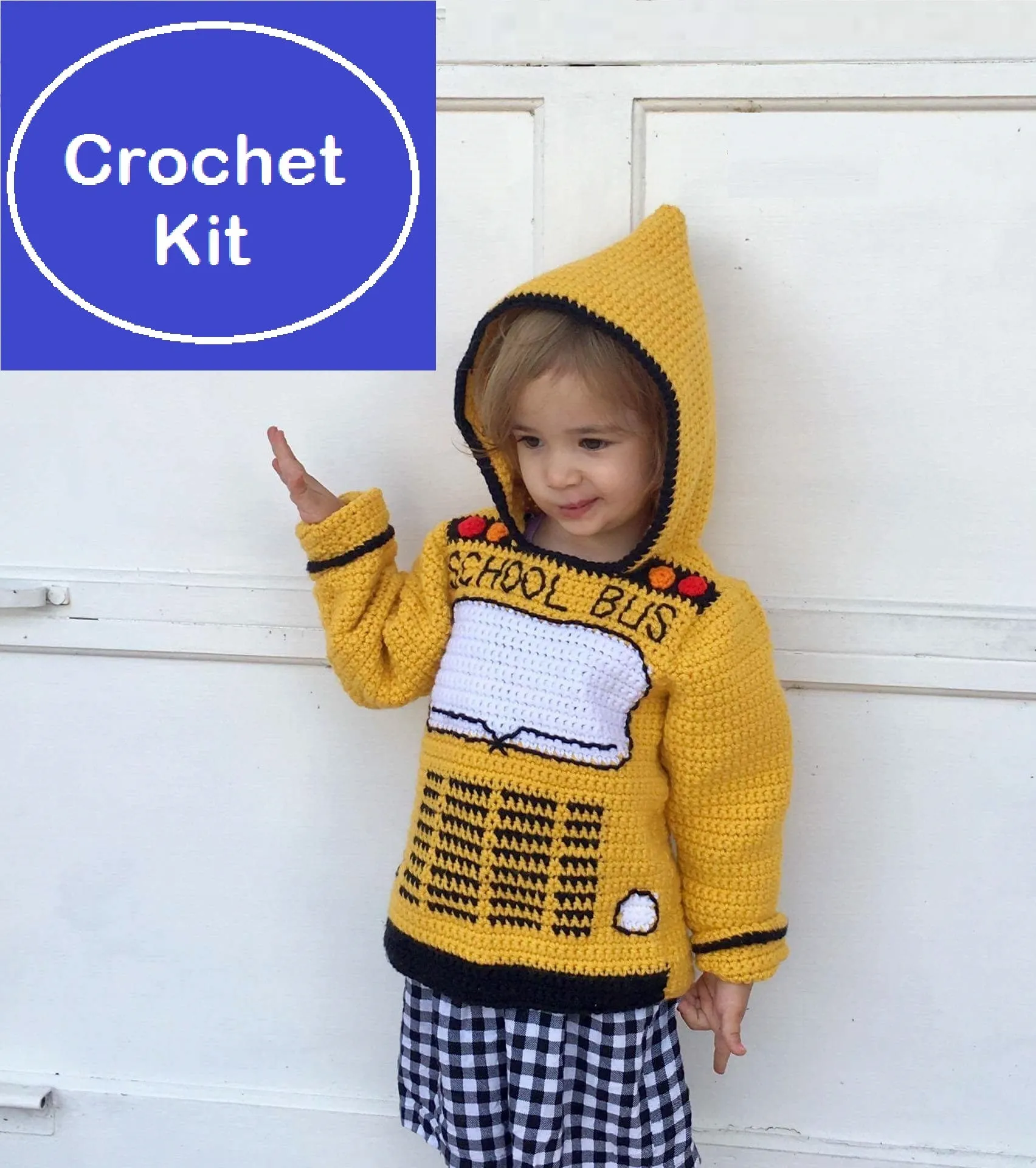 School Bus Toddler Hoodie Crochet Kit - Sizes 2, 4, 6 - Back to School Hooded Sweater Crochet Kit