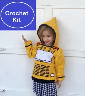 School Bus Toddler Hoodie Crochet Kit - Sizes 2, 4, 6 - Back to School Hooded Sweater Crochet Kit