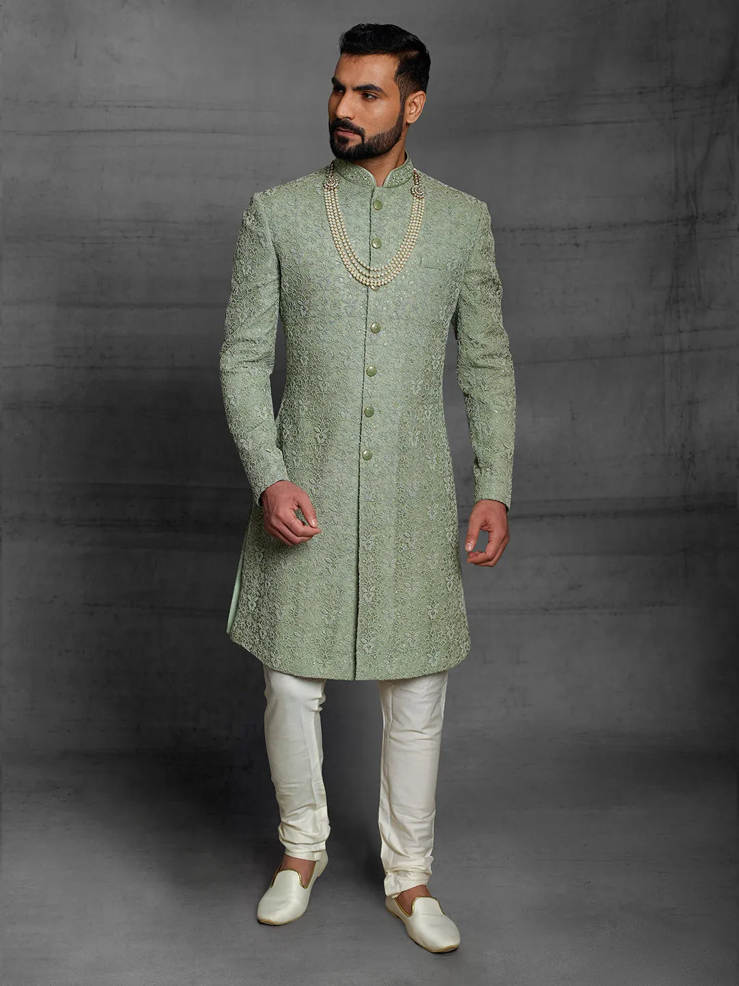 Sea Green Sherwani With Sequined Work