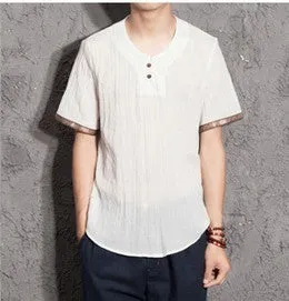 Shortsleeved T-shirt, Chinese Style Vneck Hit Color, Trendy Men's Cotton And Linen Plus Size Casual Tshirt,