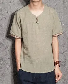 Shortsleeved T-shirt, Chinese Style Vneck Hit Color, Trendy Men's Cotton And Linen Plus Size Casual Tshirt,