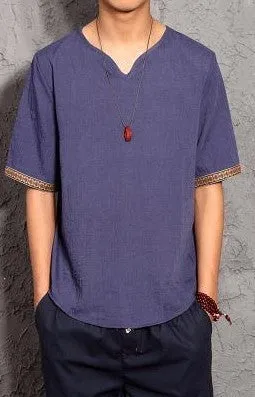 Shortsleeved T-shirt, Chinese Style Vneck Hit Color, Trendy Men's Cotton And Linen Plus Size Casual Tshirt,