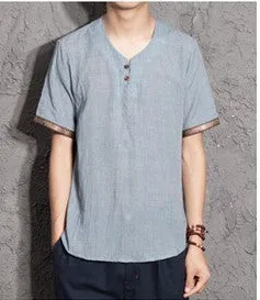 Shortsleeved T-shirt, Chinese Style Vneck Hit Color, Trendy Men's Cotton And Linen Plus Size Casual Tshirt,