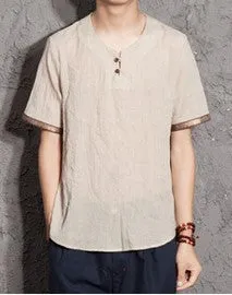 Shortsleeved T-shirt, Chinese Style Vneck Hit Color, Trendy Men's Cotton And Linen Plus Size Casual Tshirt,