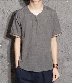Shortsleeved T-shirt, Chinese Style Vneck Hit Color, Trendy Men's Cotton And Linen Plus Size Casual Tshirt,