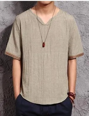 Shortsleeved T-shirt, Chinese Style Vneck Hit Color, Trendy Men's Cotton And Linen Plus Size Casual Tshirt,