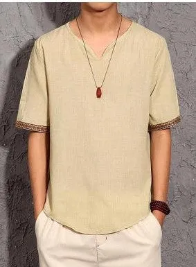 Shortsleeved T-shirt, Chinese Style Vneck Hit Color, Trendy Men's Cotton And Linen Plus Size Casual Tshirt,