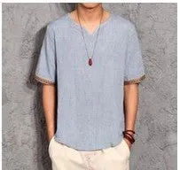 Shortsleeved T-shirt, Chinese Style Vneck Hit Color, Trendy Men's Cotton And Linen Plus Size Casual Tshirt,