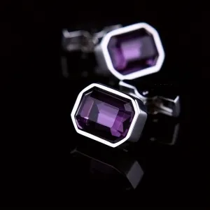 Silver with Big Purple Stone Mens Stainless Steel Rectangular Cufflinks for Shirt with Box - Hand