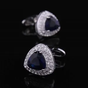 Silver with Dark Blue Stone Mens Stainless Steel Triangle Cufflinks for Shirt with Box - Hand
