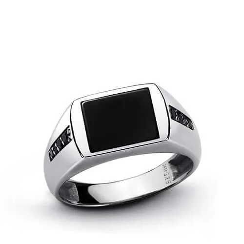 Simple Men's Ring with Natural Stone in Solid 925 Silver
