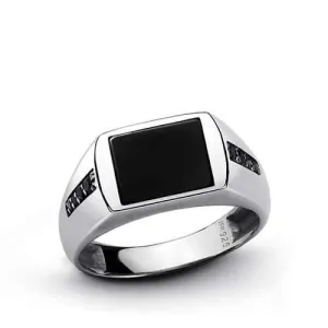 Simple Men's Ring with Natural Stone in Solid 925 Silver