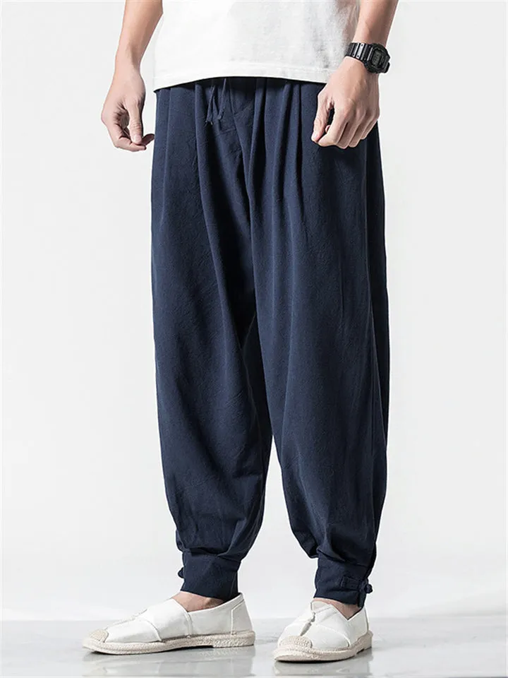 Solid Color Linen Ankle-Banded Pants