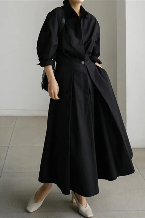 Solid Color Shirt Collar Maxi Dress