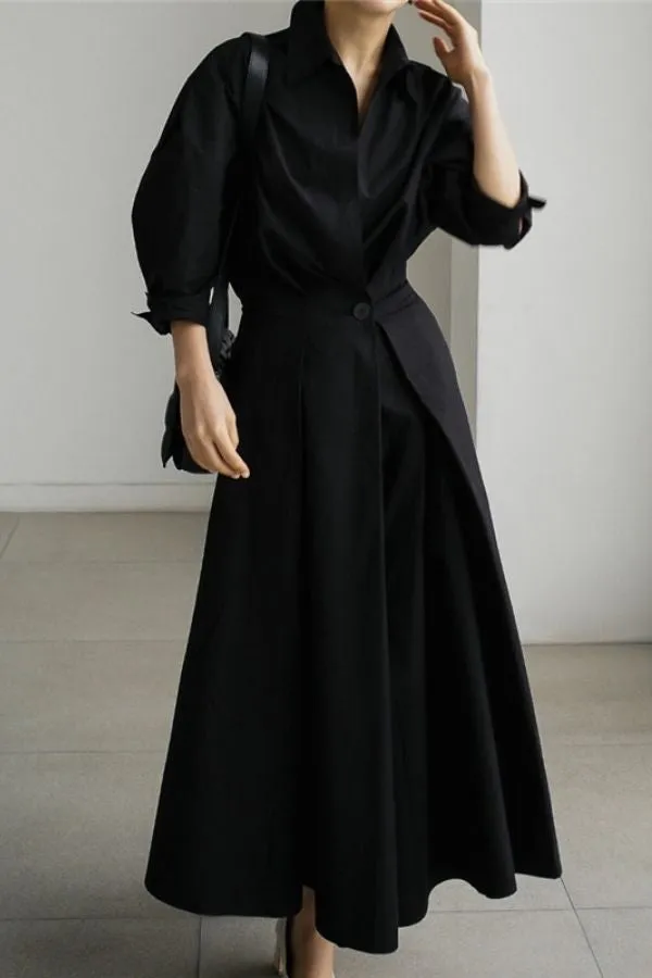 Solid Color Shirt Collar Maxi Dress