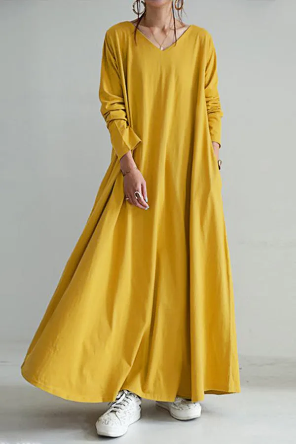 Solid Color V-neck Dress