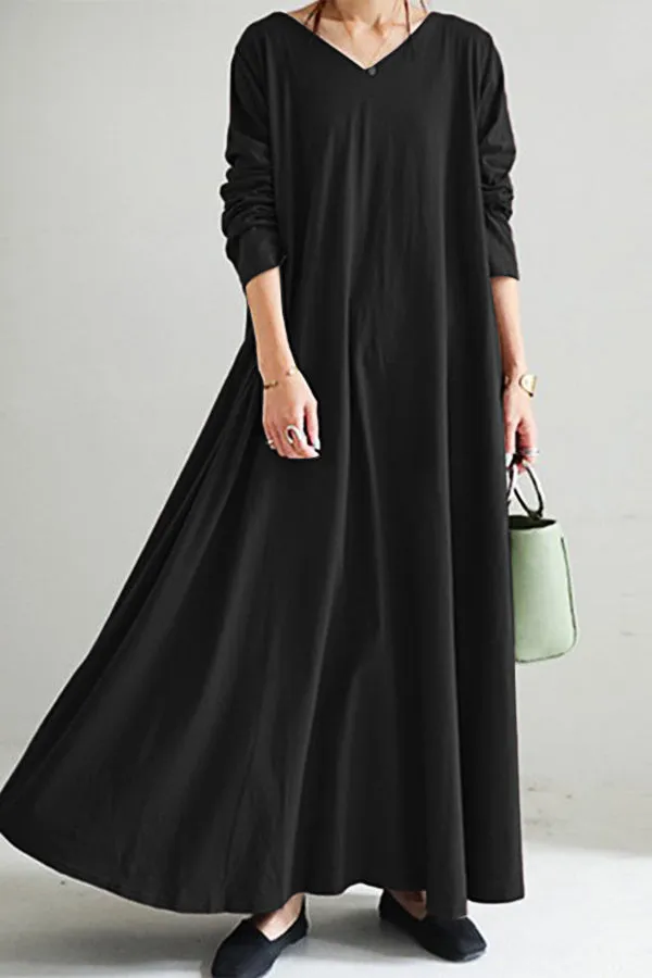 Solid Color V-neck Dress