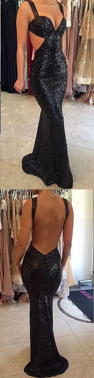 Sparkle Black Sequined Sexy Mermaid Backless Long Prom Dresses, BG51029