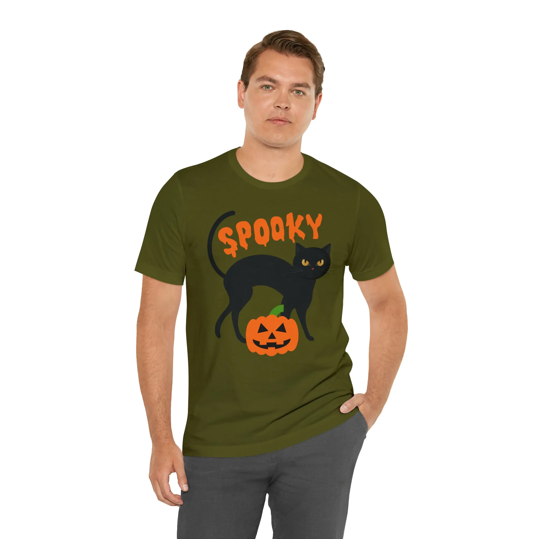 Spooky Black Cat T-Shirt | Creepy Jack-o'-Lantern Tee |  Bella Canvas 3001Unisex | Haunted Short Sleeve Tshirt