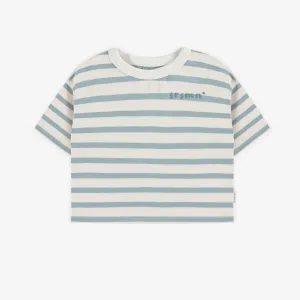 T-shirt court crème et bleu ligné à manches courtes en coton, enfant || Cream and blue striped short-sleeved t-shirt in cotton, child