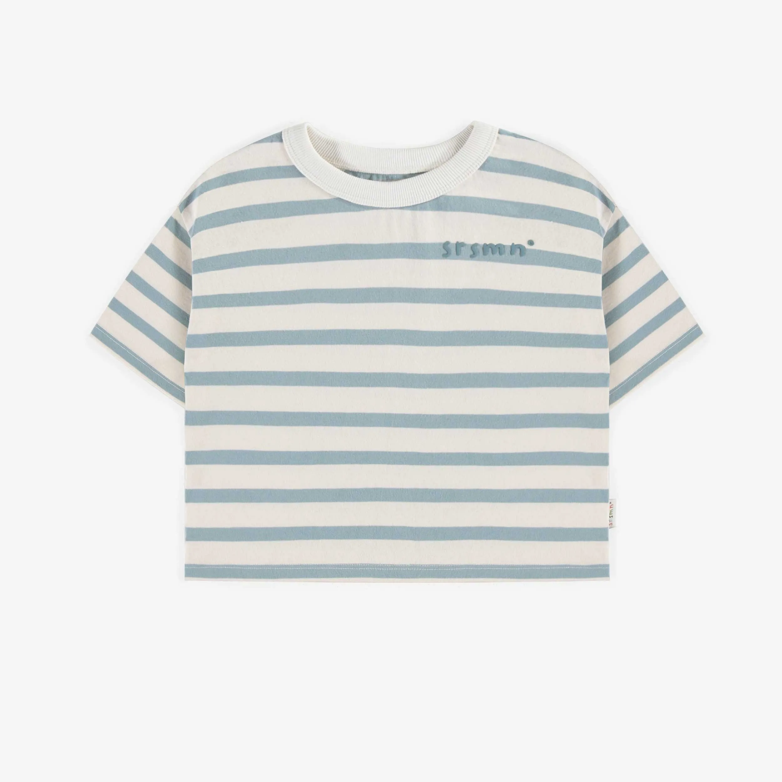 T-shirt court crème et bleu ligné à manches courtes en coton, enfant || Cream and blue striped short-sleeved t-shirt in cotton, child
