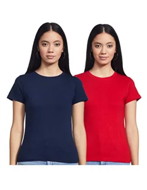 T2F Women's Plain Regular fit T-Shirt (Pack of 2) (wom-solid-combo-03_Navy, Red Medium)