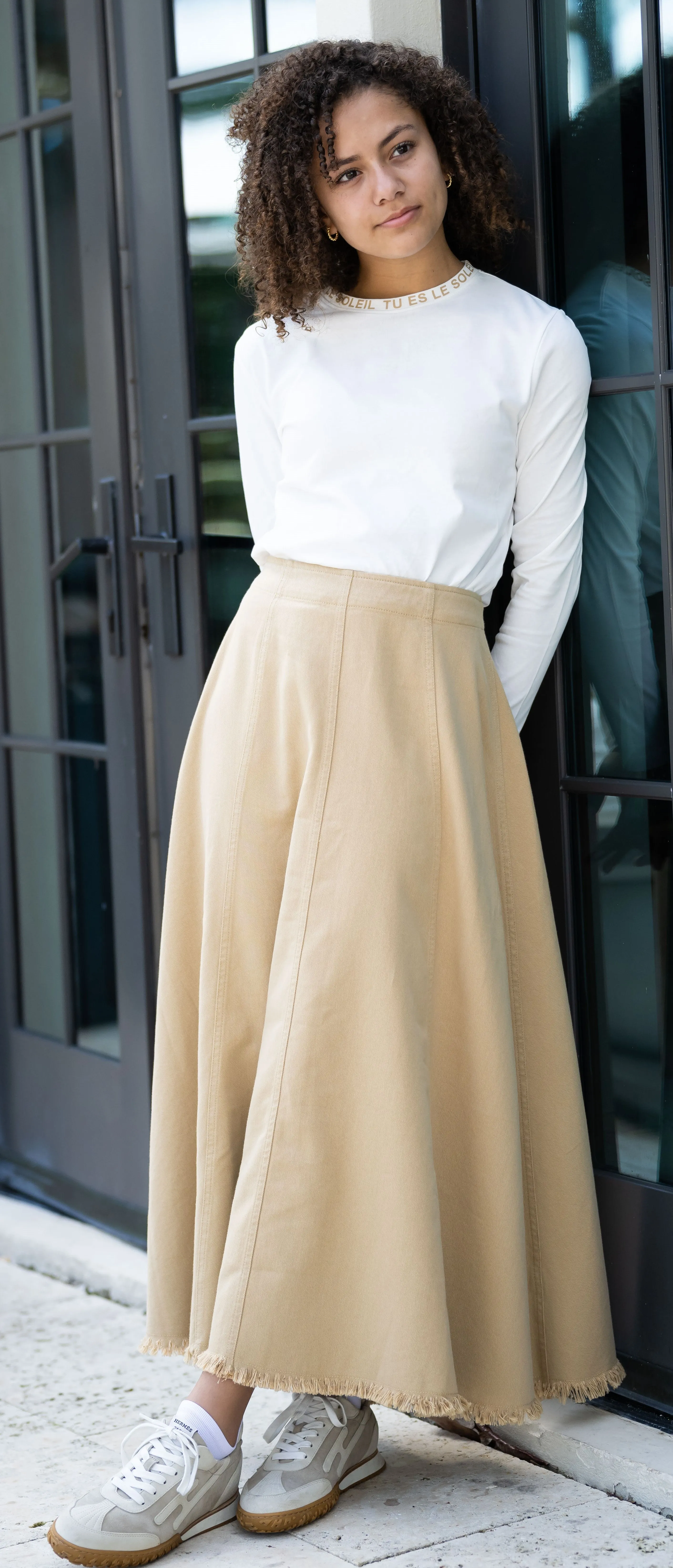 Tan denim paneled skirt by Coco Blanc