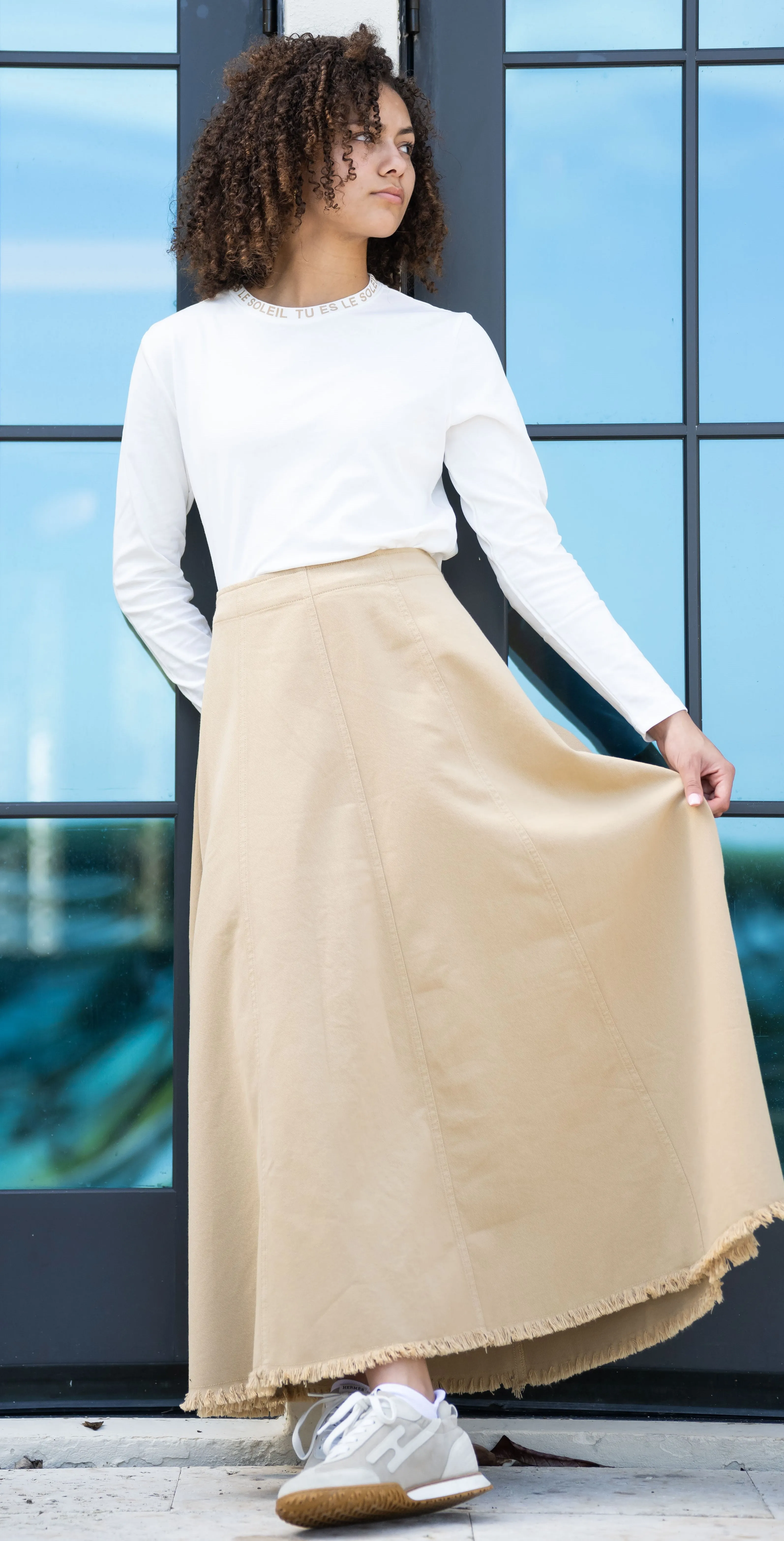 Tan denim paneled skirt by Coco Blanc