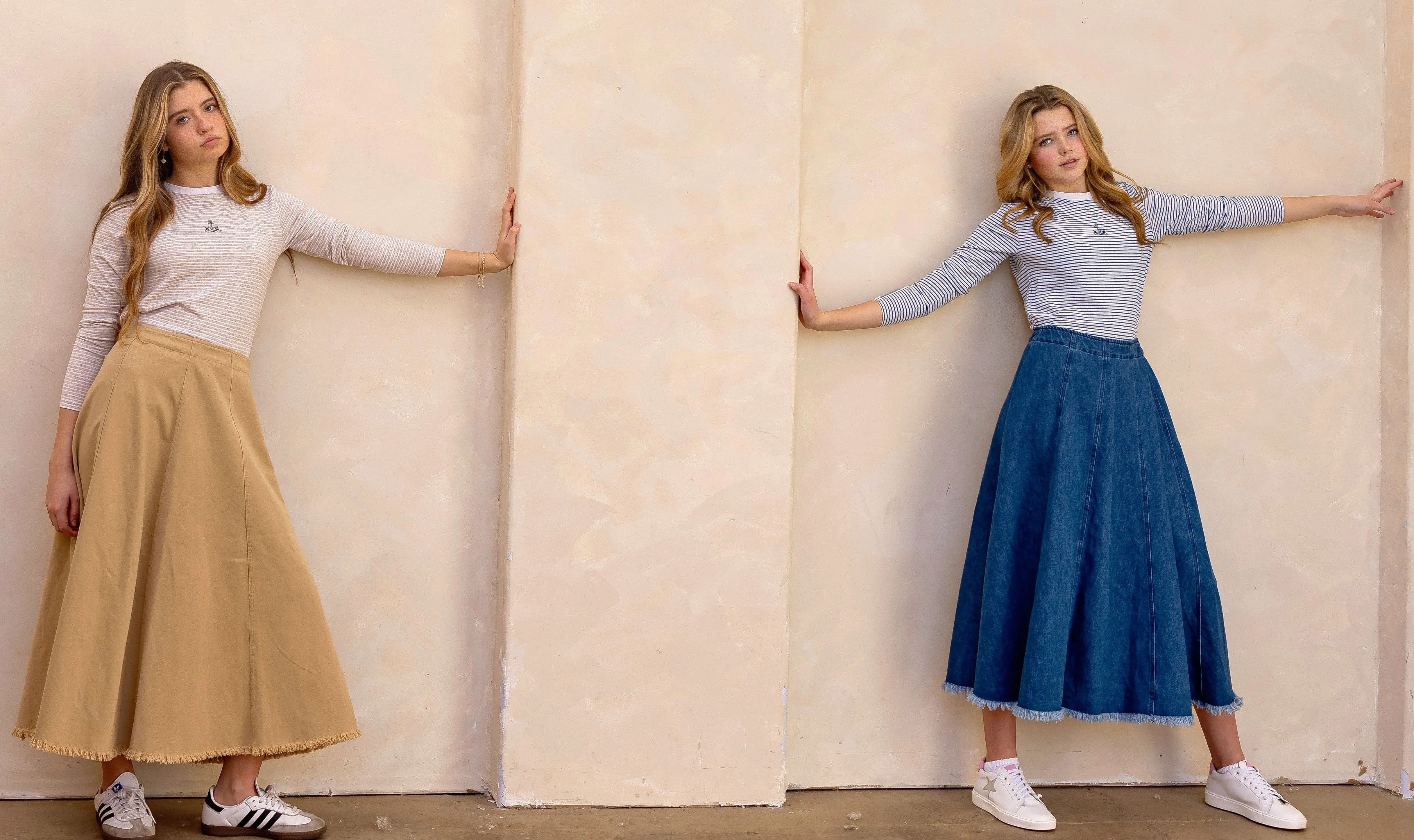Tan denim paneled skirt by Coco Blanc