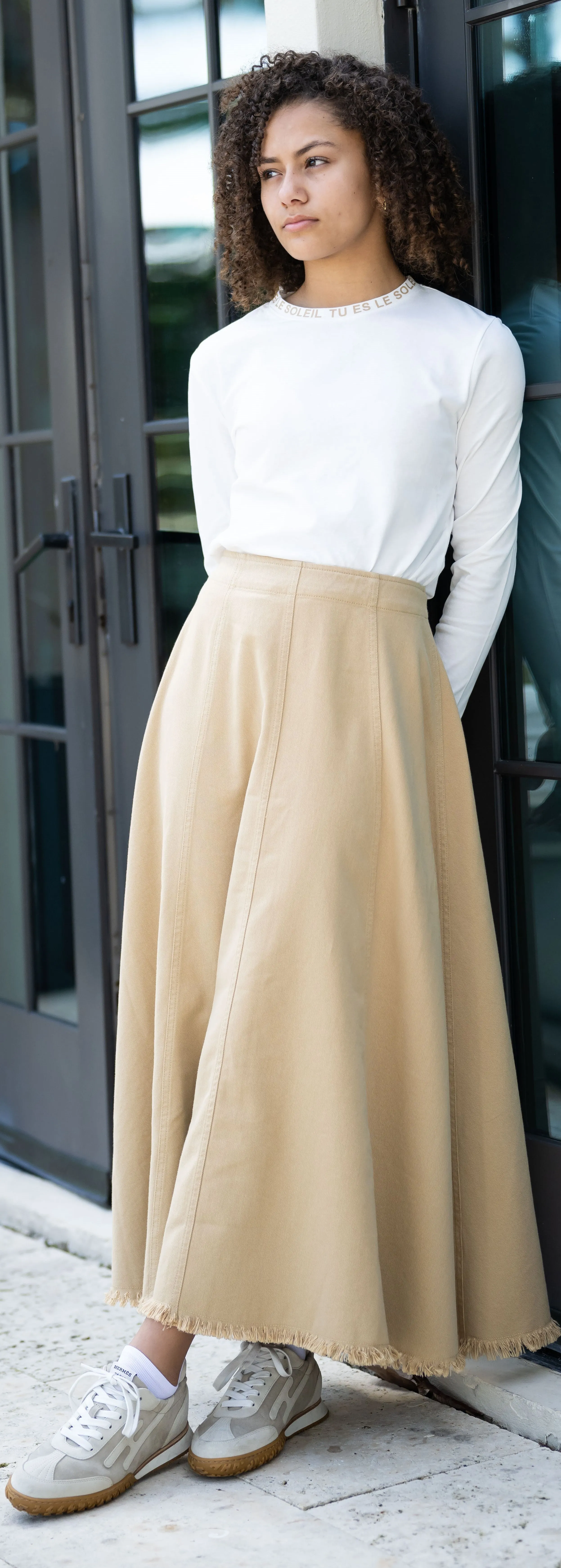 Tan denim paneled skirt by Coco Blanc