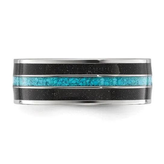 Titanium Turquoise and Black Star Sandstone Inlay 8mm Band