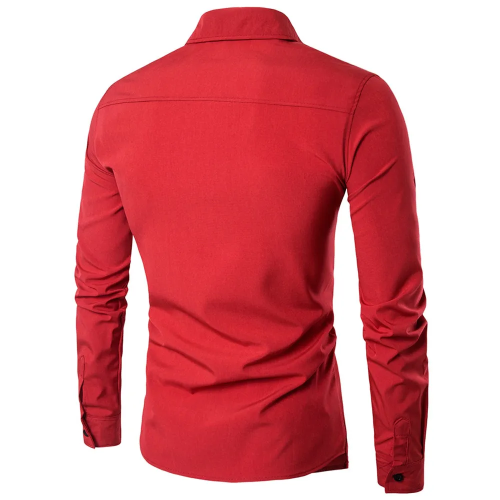 Turndown Collar Long Sleeve Cotton Men Shirt 4261