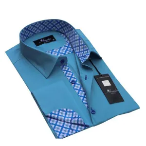 Turquoise Blue Mens Slim Fit French Cuff Shirts With Cufflink Holes - Casual And Formal