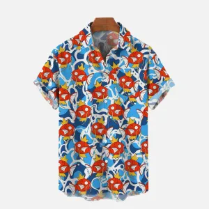Ukiyo-E Cartoon Red Fish Monster And Blue Water Ripple Printing Shirt