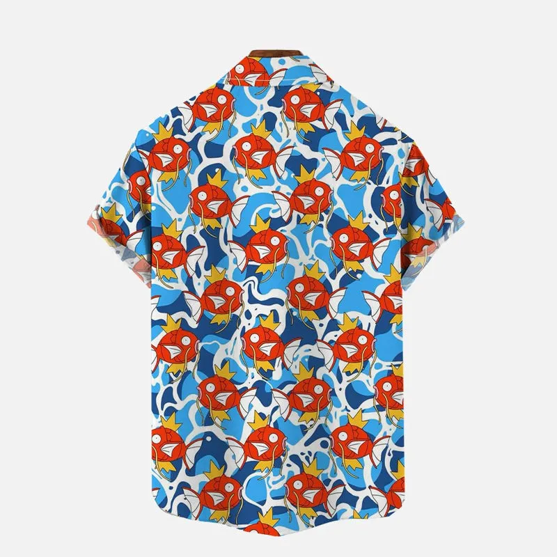 Ukiyo-E Cartoon Red Fish Monster And Blue Water Ripple Printing Shirt