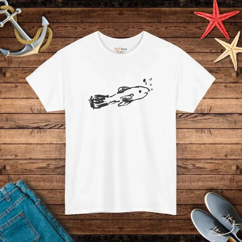 Unisex Heavy Cotton Tee with Hand Drawn Fish