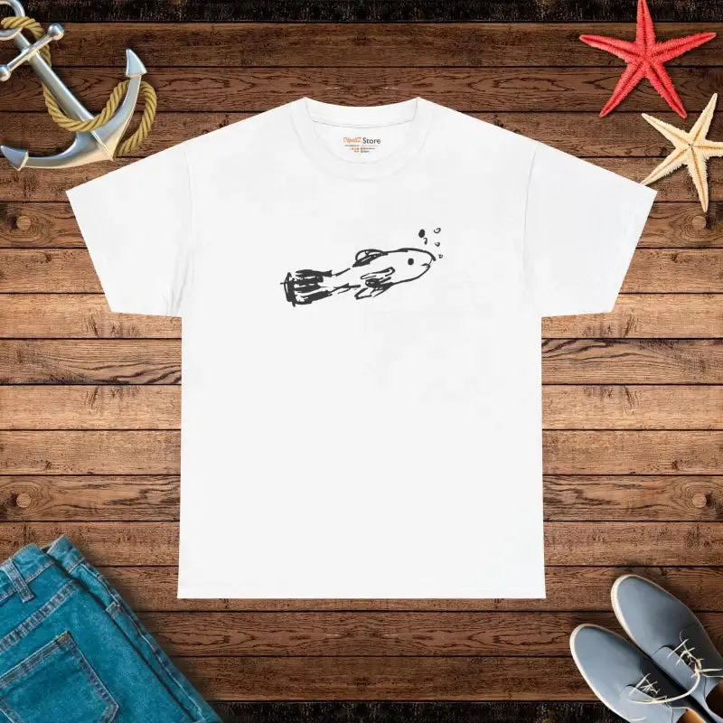 Unisex Heavy Cotton Tee with Hand Drawn Fish