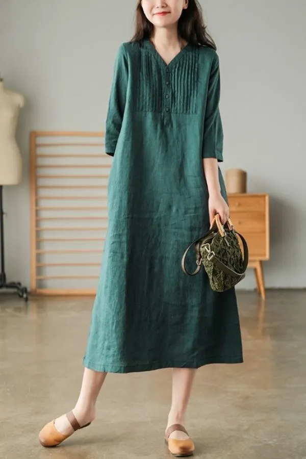 V Neck Solid Color Cotton Midi Dress