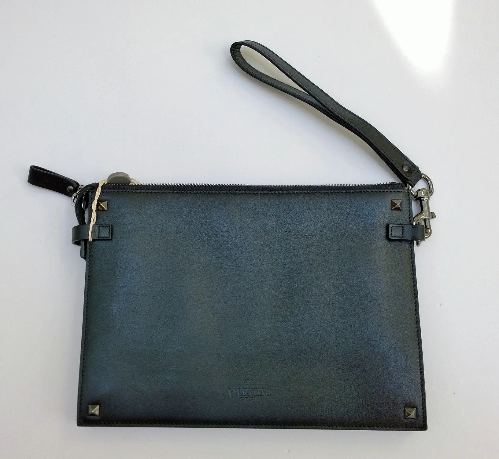 Valentino Garavani Men's Rockstud Black Leather Clutch Bag Wrist Strap New with Dustbag