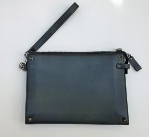 Valentino Garavani Men's Rockstud Black Leather Clutch Bag Wrist Strap New with Dustbag