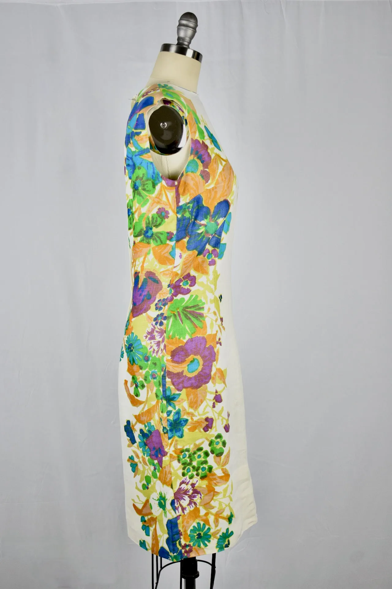 Vintage 1960s Minx Mode White Floral Linen Dress