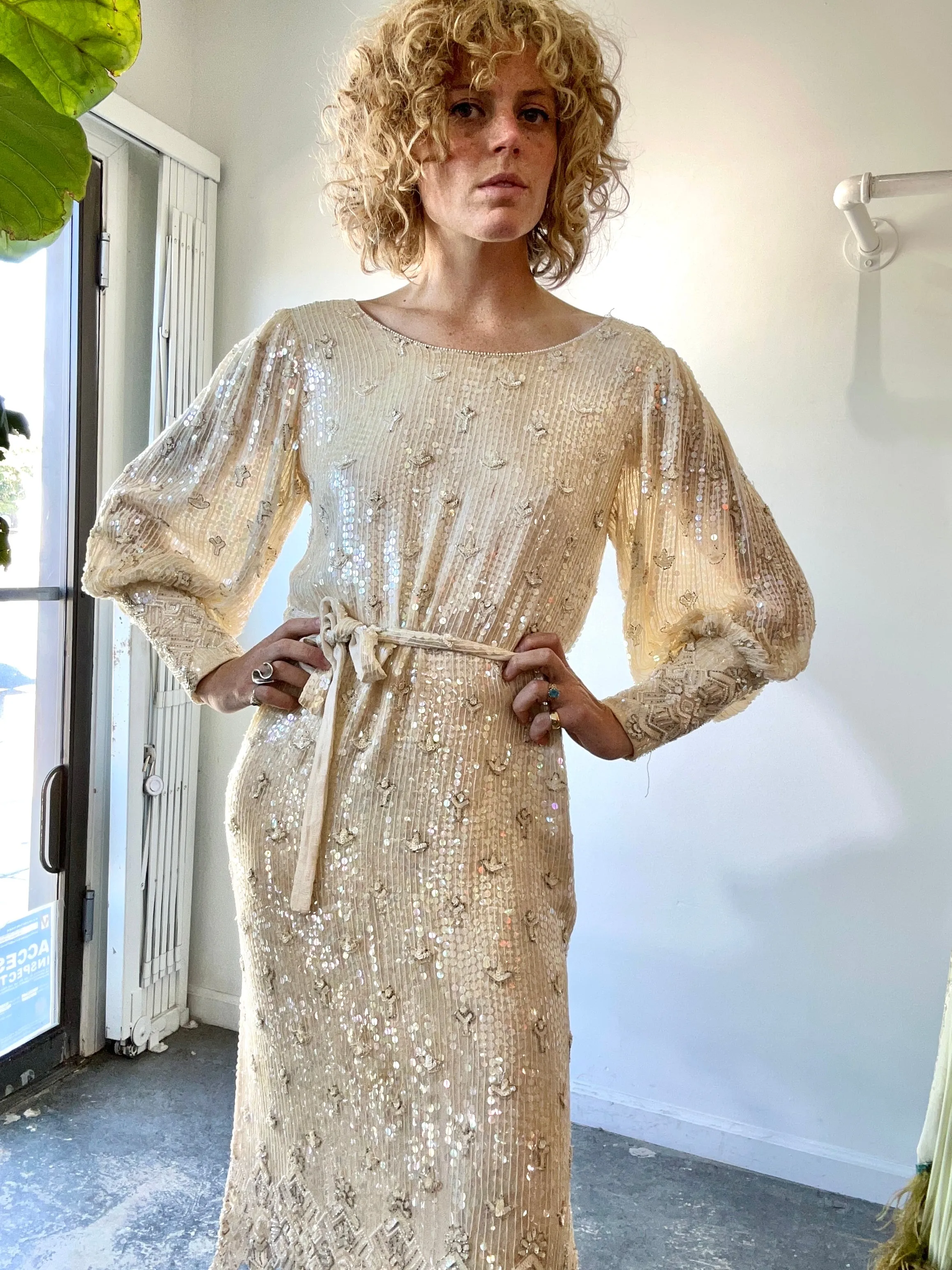 Vintage Sistermax Cream Sequin Cocktail Dress with Matching Belt