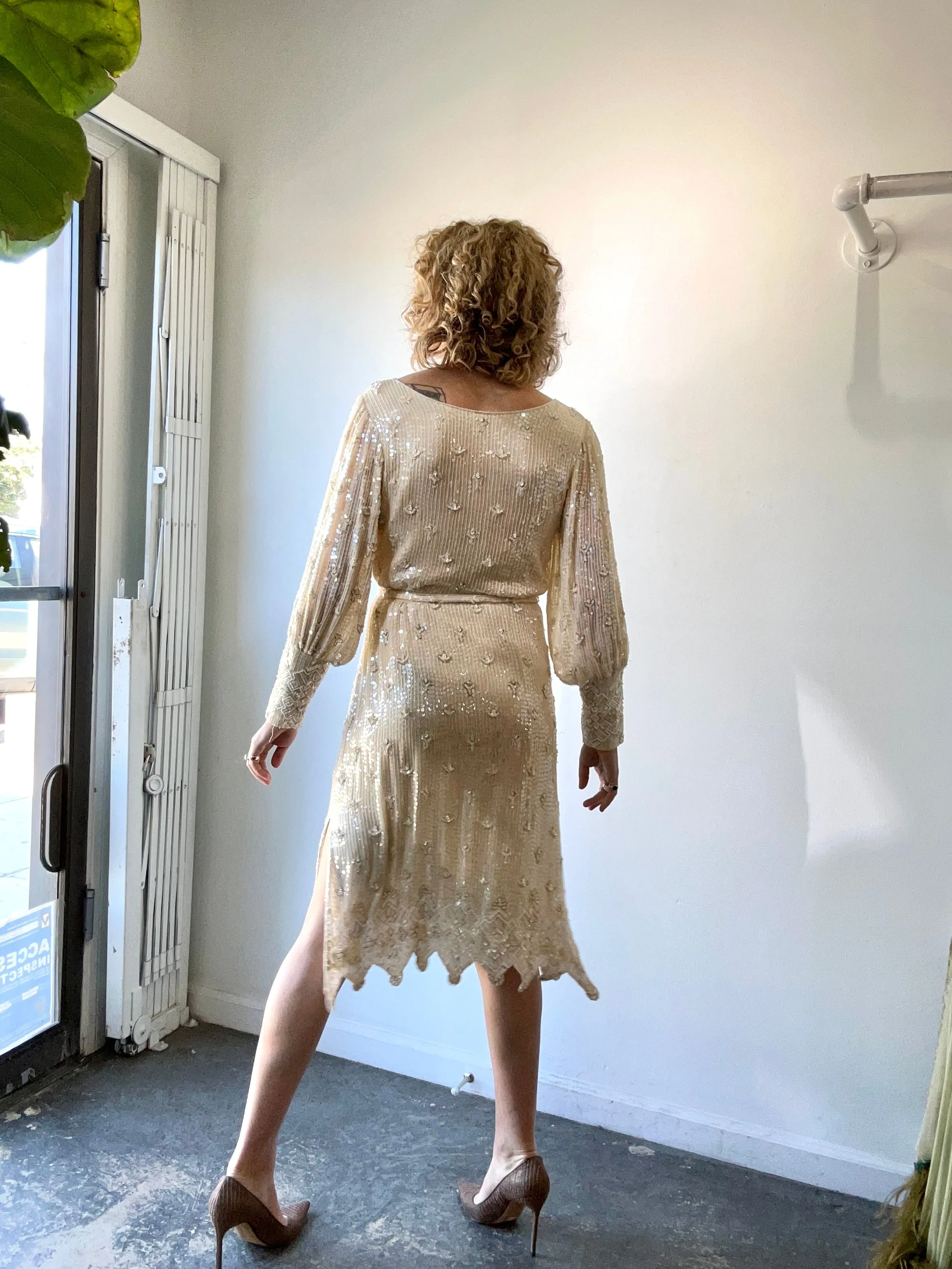 Vintage Sistermax Cream Sequin Cocktail Dress with Matching Belt
